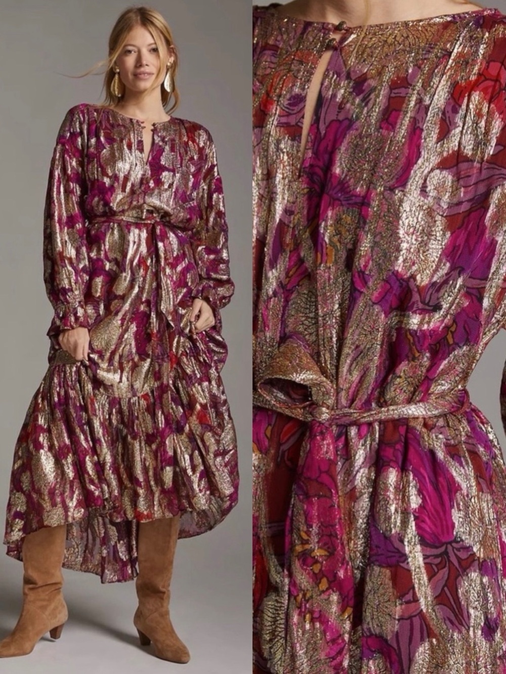 Anthropologie Pink Gold Metallic Shimmer Embroidered Floral Tiered Maxi Dress M